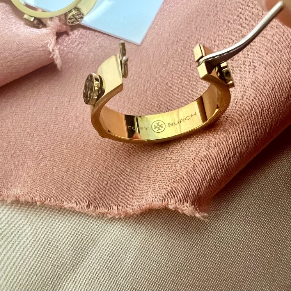 Tory Burch Miller Goldtone Logo Small Hoop Earrings - Picture 6 of 11